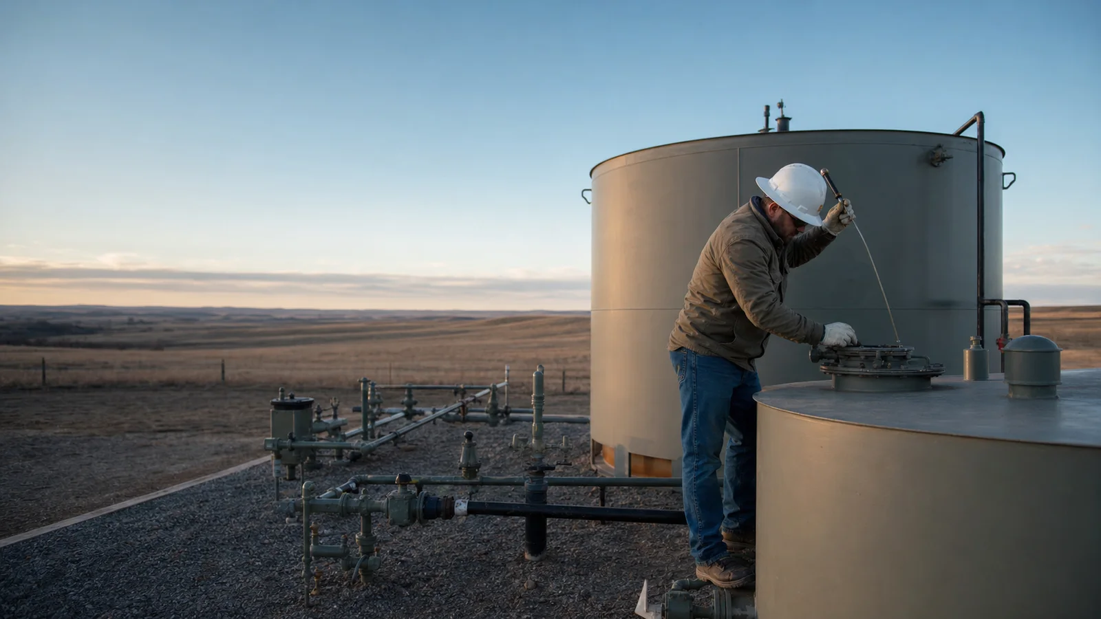 Fictional oilfield operator recording a tank gauge at a demonstration tank battery